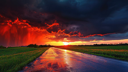 A captivating sunset illuminates a wet road beneath a dramatic sky filled with clouds. The scene reflects tranquility and the beauty of nature.の素材