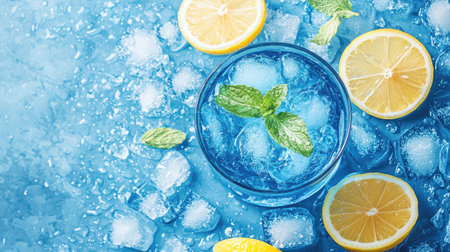A refreshing glass of lemonade with ice and mint garnished with lemon slices, perfect for summer days. Bright colors and cool tones evoke a sense of relaxation.の素材