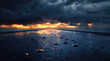 A breathtaking scene captures a rainstorm with dark clouds overhead, creating a dramatic backdrop. The wet surface reflects the vibrant colors of sunset, enhancing the atmosphere.の素材