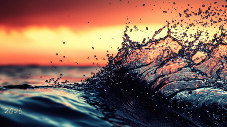 A stunning display of ocean waves captured at sunset, showcasing vibrant colors and serene splashes. Ideal for nature and travel themes.の素材