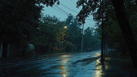 A tranquil urban street scene captures the essence of a rainy night, showcasing wet pavement and reflections under a gentle lamplight, evoking calmness.の素材