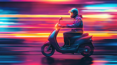 A dynamic shot of a scooter rider in motion, surrounded by vibrant neon lights at night. The image captures the thrill and energy of urban commuting.の素材