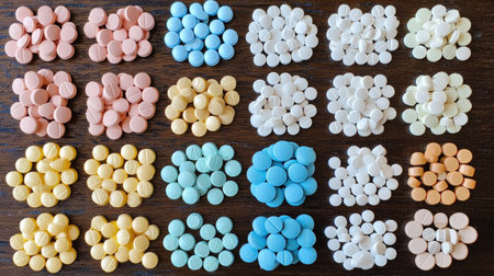 A vibrant display of various pills and tablets meticulously arranged on a table. This image highlights the diversity of medication colors and shapes, perfect for health and wellness topics.の素材