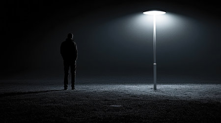 A solitary figure stands beneath a glowing lamp in a dark, foggy night. The scene evokes feelings of mystery, solitude, and contemplation, enhancing the atmosphere of quiet reflection.の素材