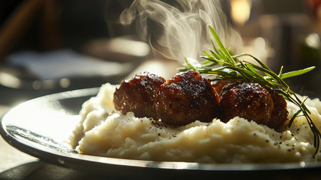 A mouthwatering plate of meatballs served over a bed of creamy mashed potatoes, garnished with fresh herbs and steam, evoking warmth and comfort.の素材