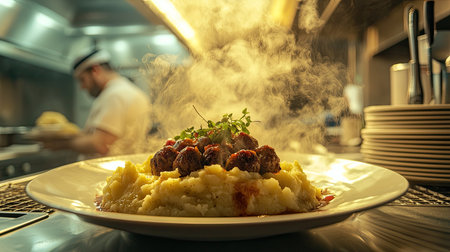 Steaming plate of meatballs on creamy mashed potatoes garnished with herbs, showcasing culinary artistry in a restaurant kitchen environment.の素材