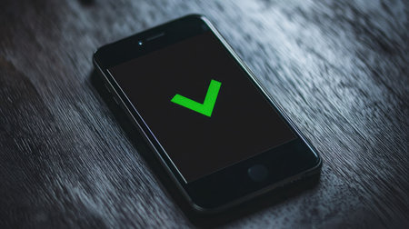 A modern smartphone displays a green check mark symbolizing success and approval. The device rests on a textured wooden surface, embodying simplicity and elegance in design.の素材