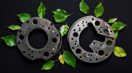 This image showcases industrial metal circular components arranged artistically with fresh green leaves, highlighting a striking contrast between metal and nature.の素材
