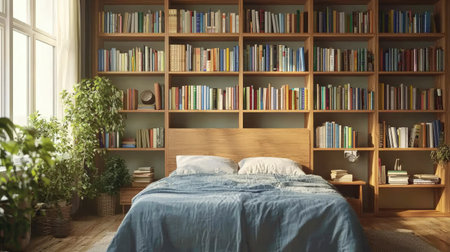 A cozy bedroom featuring a wooden bookshelf filled with books, soft bedding, and green plants. Natural light streams in, creating a serene atmosphere ideal for relaxation and reading.の素材