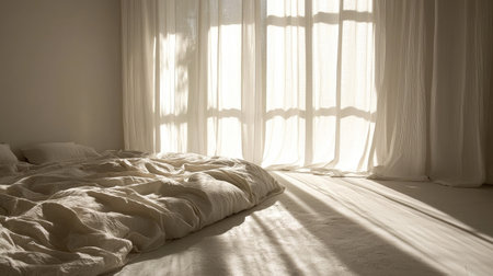 A serene minimalist bedroom illuminated by soft morning light filtering through flowing curtains, creating a peaceful environment perfect for relaxation and rejuvenation.の素材