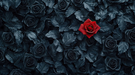 A stunning composition featuring a vibrant red rose amidst dark black roses and leaves, creating a striking visual contrast. Ideal for themes of beauty and elegance.の素材