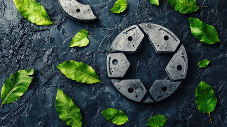 This abstract image features circular concrete elements surrounded by vibrant green leaves, set against a dark textured surface. Ideal for themes of nature and design.の素材