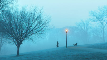 A solitary figure walks through a foggy park at dusk, surrounded by bare trees. The atmosphere evokes serenity and tranquility in a cold, misty landscape.の素材