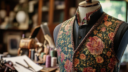 A beautifully crafted floral vest displayed on a mannequin in a tailoring workshop. This image highlights unique design elements in a creative workspace.の素材