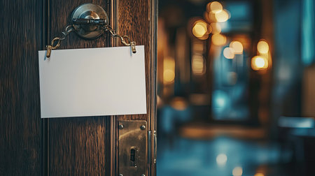 A close-up of an empty door hanger on a wooden door, set against a cozy lobby backdrop. The soft bokeh lighting creates a welcoming ambiance perfect for hotels or homes.の素材