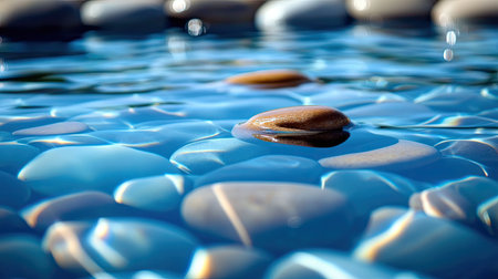 A captivating scene of smooth stones resting beneath a clear blue water surface. Light reflections and ripples create a serene atmosphere, ideal for nature lovers.の素材