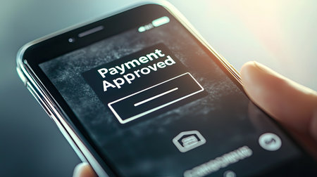 A close-up view of a smartphone displaying a payment approved notification. This image represents modern mobile banking and digital transactions, showcasing convenience and user experience in finance.の素材