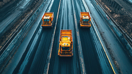 Aerial view of three orange construction trucks working on a newly paved road, showcasing the efficiency of road maintenance and infrastructure development.の素材