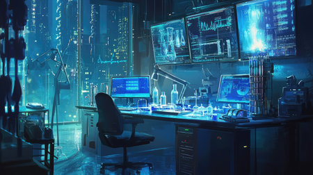 A futuristic laboratory showcasing an advanced workspace with high-tech monitors, illuminated by a blue neon glow, surrounded by an urban cityscape at night.の素材