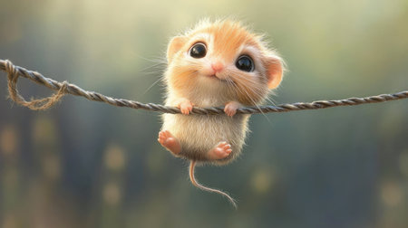 A delightful tiny animal hangs playfully on a rope, showcasing its large expressive eyes and fluffy fur. The soft blurred background enhances its charm.の素材