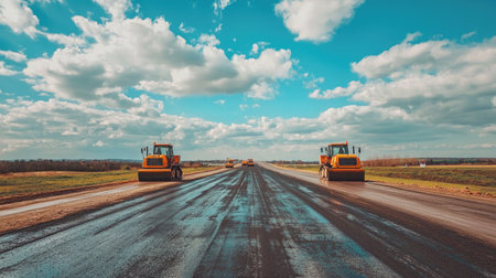 Heavy machinery working on road construction under a vibrant blue sky with scattered clouds. The scene depicts progress in infrastructure development.の素材