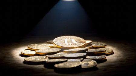 A collection of shining Bitcoins is illuminated by a spotlight against a dark background, symbolizing investment opportunities and financial technology.の素材