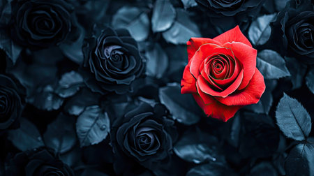 A stunning red rose stands out amidst dark roses, creating a visual contrast that highlights beauty and elegance within a serene floral backdrop.の素材