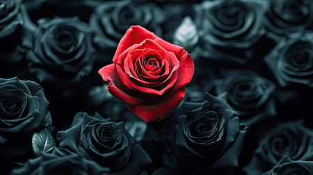 A captivating red rose stands out amidst a dark background of black roses, symbolizing love and elegance. A perfect visual for romantic themes or artistic designs.の素材