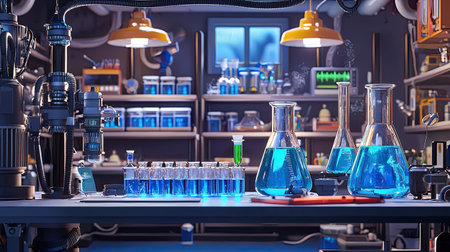 A vibrant laboratory scene showcasing glassware filled with colorful liquids. This image highlights research tools, emphasizing scientific experimentation and innovation.の素材