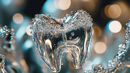 A stunning clear tooth immersed in water, surrounded by bubbles, represents dental hygiene and health. The abstract background adds beauty and freshness.の素材