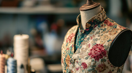 A beautifully designed tailored vest with intricate floral patterns displayed on a mannequin, showcasing craftsmanship and elegance in a sewing workshop setting.の素材