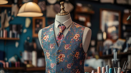 A beautifully crafted floral vest displayed on a mannequin in a tailored shop setting, showcasing exceptional craftsmanship and stylish design elements for menswear.の素材