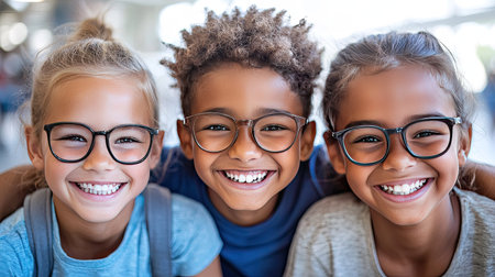 Three diverse children wearing glasses smile brightly in a school setting. Their expressions reflect joy, friendship, and a strong sense of unity among peers.の素材