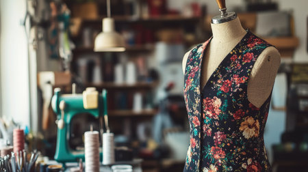 A graceful floral dress displayed on a mannequin inside a vibrant tailoring workshop, showcasing creativity and craftsmanship in fashion design.の素材