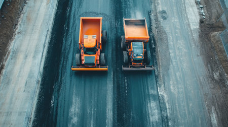 Aerial view of construction vehicles working on a roadway project, highlighting a loader and dump truck on a gravel surface, emphasizing infrastructure development.の素材