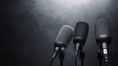 Three sleek black microphones stand tall against a smoky background, illuminated dramatically. Ideal for concepts related to audio, performance, and communication.の素材