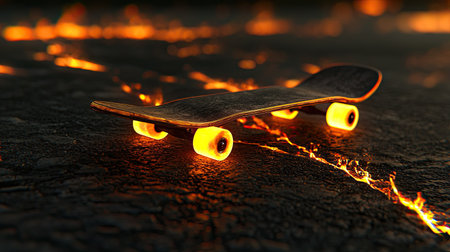 A skateboard with glowing wheels rests on a cracked lava surface, creating a striking visual contrast. The vibrant colors and intense heat evoke a sense of adventure and creativity.の素材