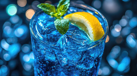 A vibrant blue drink in a clear glass, garnished with a lemon slice and fresh mint. This refreshing beverage is perfect for summer parties or celebrations.の素材
