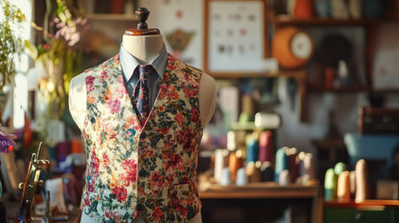 This image showcases an elegant vintage floral waistcoat prominently displayed in a cozy tailoring studio, surrounded by vibrant threads and tools of the trade.の素材