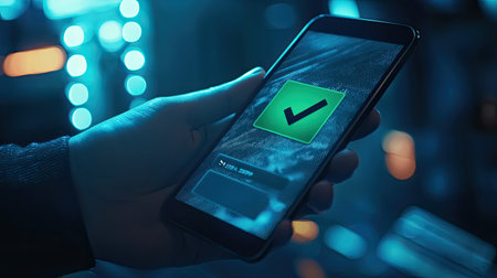 A close-up view of a smartphone held in a hand, displaying a vibrant green checkmark on the screen, signifying approval in a low-light technology environment.の素材