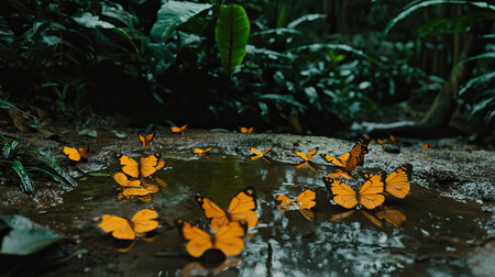 A stunning scene of vibrant orange butterflies gathered around a serene forest pool, reflecting the lush greenery and tranquility of nature's ecosystem.の素材