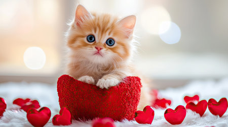 A charming ginger kitten rests in a red heart-shaped basket, surrounded by small heart decorations, creating a warm and playful atmosphere perfect for love-themed projects.の素材