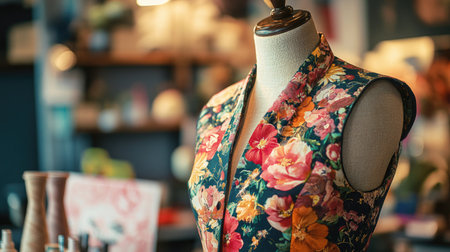 A beautifully adorned dress form showcases a vibrant floral pattern, emphasizing creativity and fashion design in an inspiring workshop atmosphere.の素材