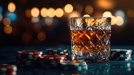 A beautifully crafted whiskey glass sits beside vibrant poker chips, capturing the essence of nightlife and leisure. Perfect for illustrations of celebrations or gambling experiences.の素材