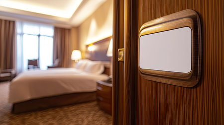 A serene hotel room featuring a wooden door with soft lighting creates an inviting atmosphere. Perfect for travelers seeking comfort and relaxation.の素材