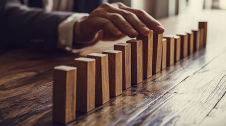 A business professional meticulously balances wooden blocks in a modern office, symbolizing strategy and focus. This image captures concentration and planning in a creative workspace.の素材