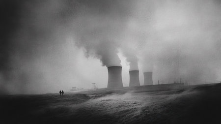 A moody black-and-white image of cooling towers silhouetted in a smoky fog. A couple walks in the foreground, highlighting the stark contrast between industry and nature.の素材