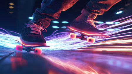 Experience the thrill of roller skating with glowing wheels leaving vibrant light trails. This dynamic scene captures the essence of fun and movement in an urban setting.の素材