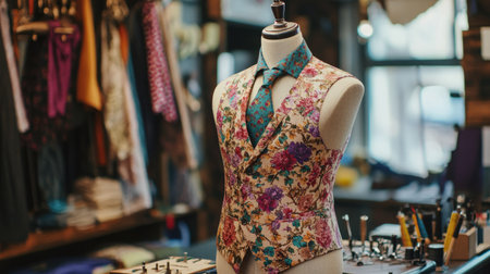 A beautifully tailored floral vest displayed on a mannequin in a fashion workshop. The vibrant colors and intricate details highlight skilled craftsmanship and style.の素材