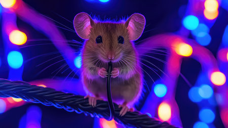 A charming mouse clutches a black cable while set against a backdrop of vibrant, colorful Christmas lights. This delightful scene captures the playful spirit of this adorable rodent.の素材